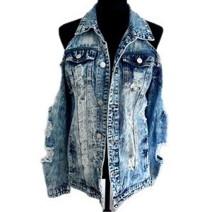 Fashion Nova Oversized Cold Shoulder Blue Distressed Jean Jacket (S)